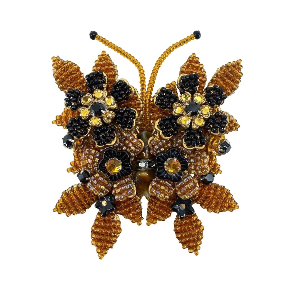 Stanley Hagler NYC Vintage Butterfly Brooch Beaded Amber Gold Black Floral Pin